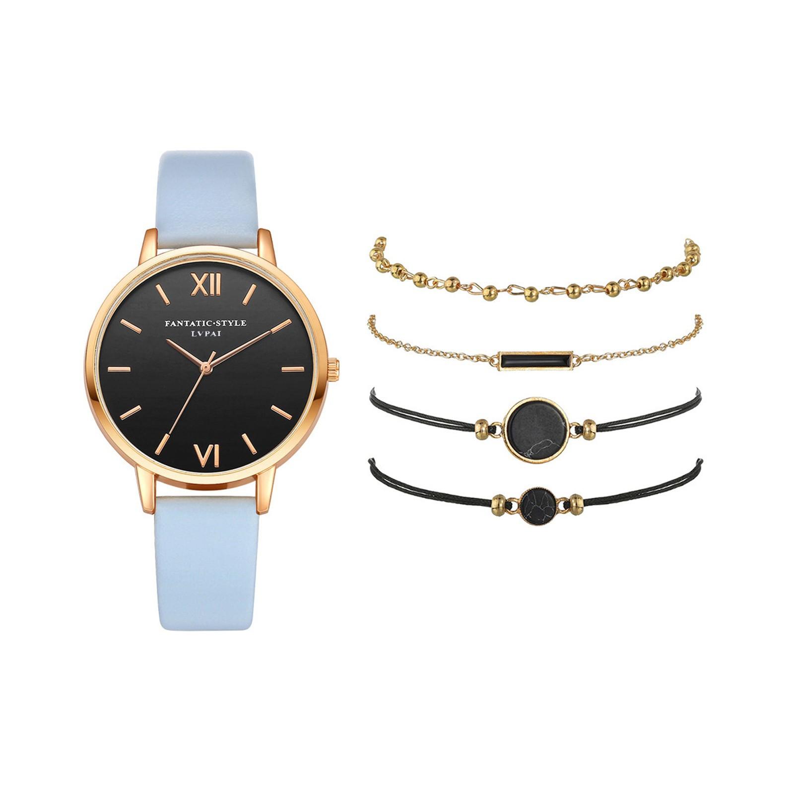 

Женские кварцевые часы с кожаным ремешком, аналоговый наручный браслет, браслет, набор часов One size