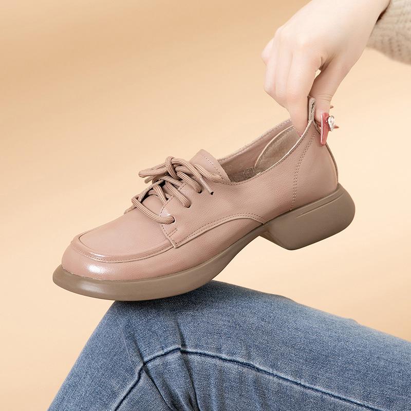 Fashion GKTINOO Platform Shoes Women Genuine Cow Leather Round Toe Sewing Lace-Up Chunky Sole Ladies Low Heels Shoes Handmade Plus Size