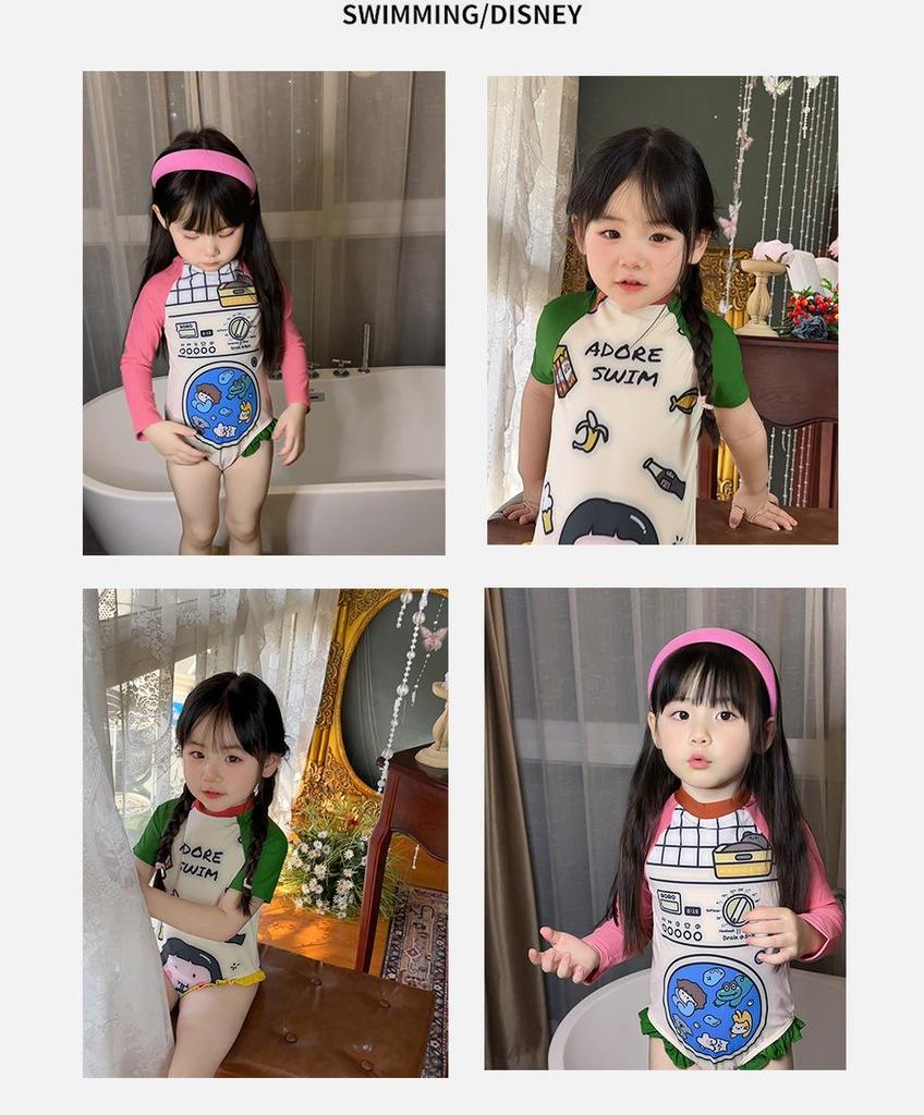 Korean Style Cartoon Lace One-Piece Swimsuit for Girls - Summer Graffiti Design for Small To Medium Children