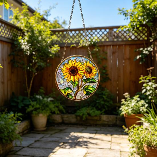 Sunflower Window Decor, Shatterproof Acrylic Glass Style Hanging Ornament with Rainbow Prism Effect, Easy Install Chain Included for Doors Patio,