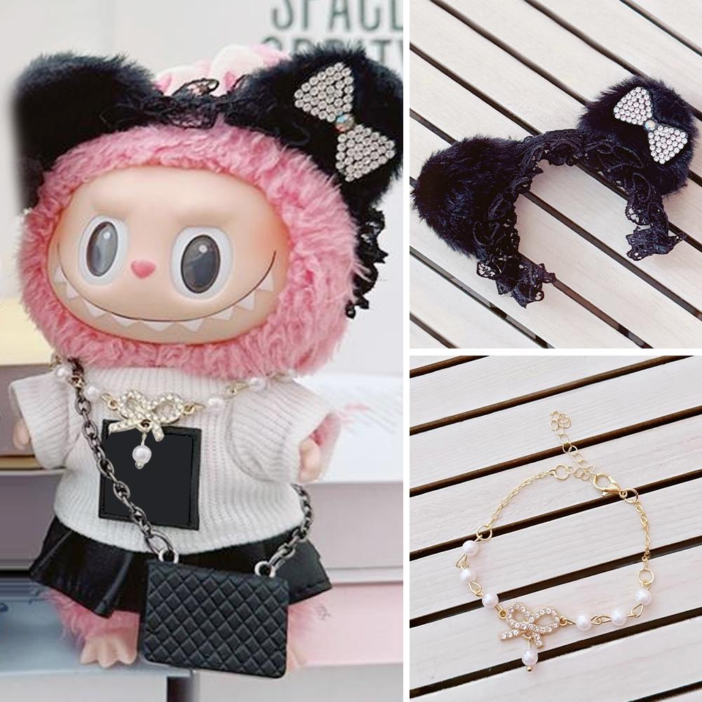 Suitable for 17cm Labubu Doll Clothes Fashion Clothing Black Cat Hair Clip with Pearl Choker Necklace Mini Cute Doll Fashion Accessories