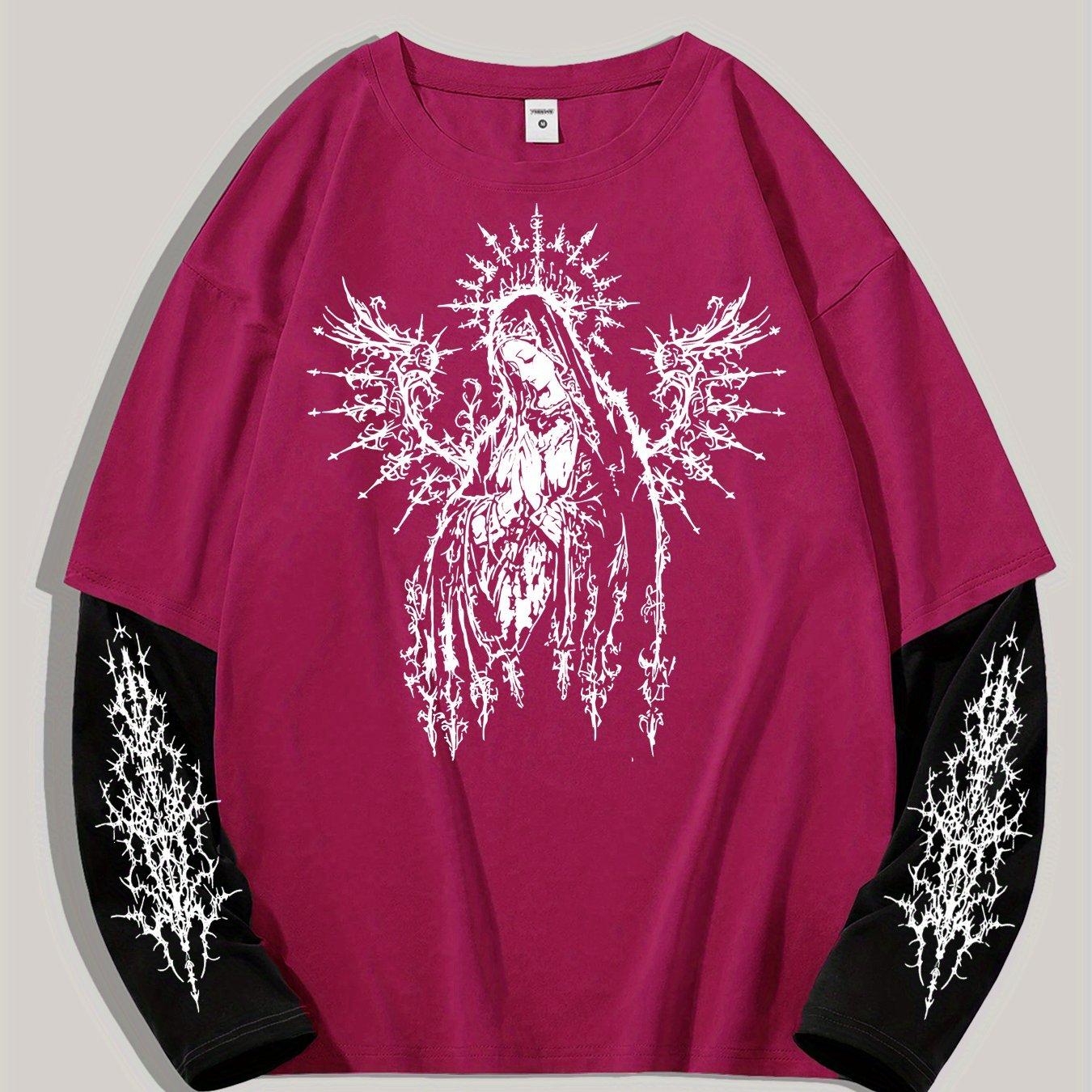 

[Everyday Comfort] Casual Mary & Angel Print Long Sleeve T-Shirt - Soft, Stretchy Fabric, Crew Neck, Black with White Winged Angel Graphic XXL рожевий червоний колір