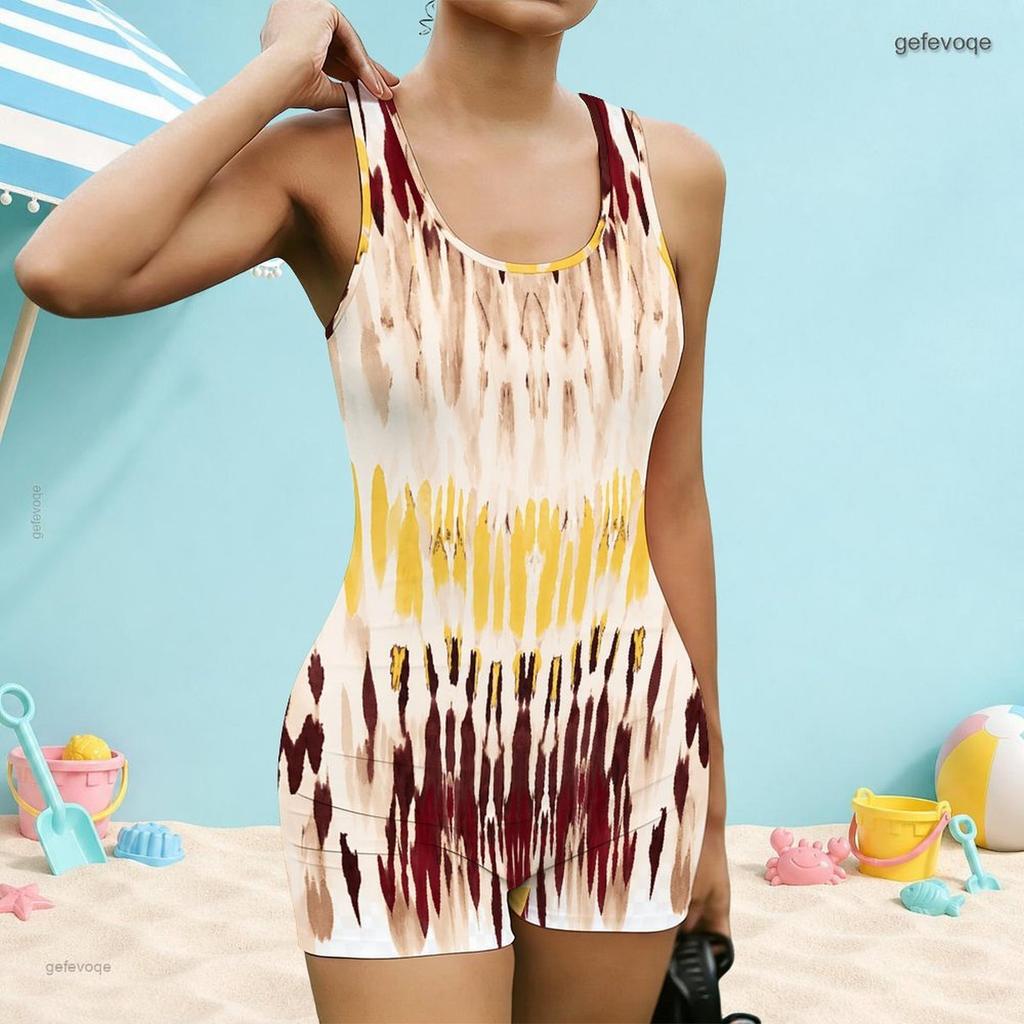 Women Plus Size One Piece Swimsuit Square Neck Wide Straps Sleeveless Tie Dye Printed Boyshort Bathing Suit