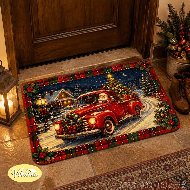 Christmas Red Truck Snowman Candy Cane Welcome Doormat Indoor Outdoor Kitchen Bedroom Non Slip Flannel Rug Home Decor