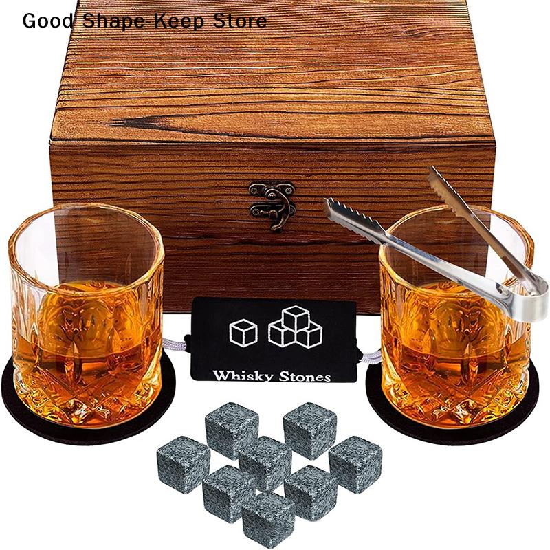 Set 8 Pcs Granite Ice Cubes+ 2 Pcs Cups For Whisky In Wooden Bottle Box Present For Dad Father'S Day Gift For Men Whiskey Stones