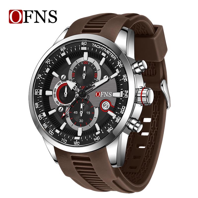 OFNS Business Men's Quartz Watch: Fashionable, Three Sub-Dials, Six Hands, Calendar, Waterproof.