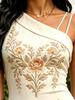 White Beige Floral Embroidery Print One Shoulder Spaghetti Strap Bodycon Midi Dress Beach Vacation Party Dress