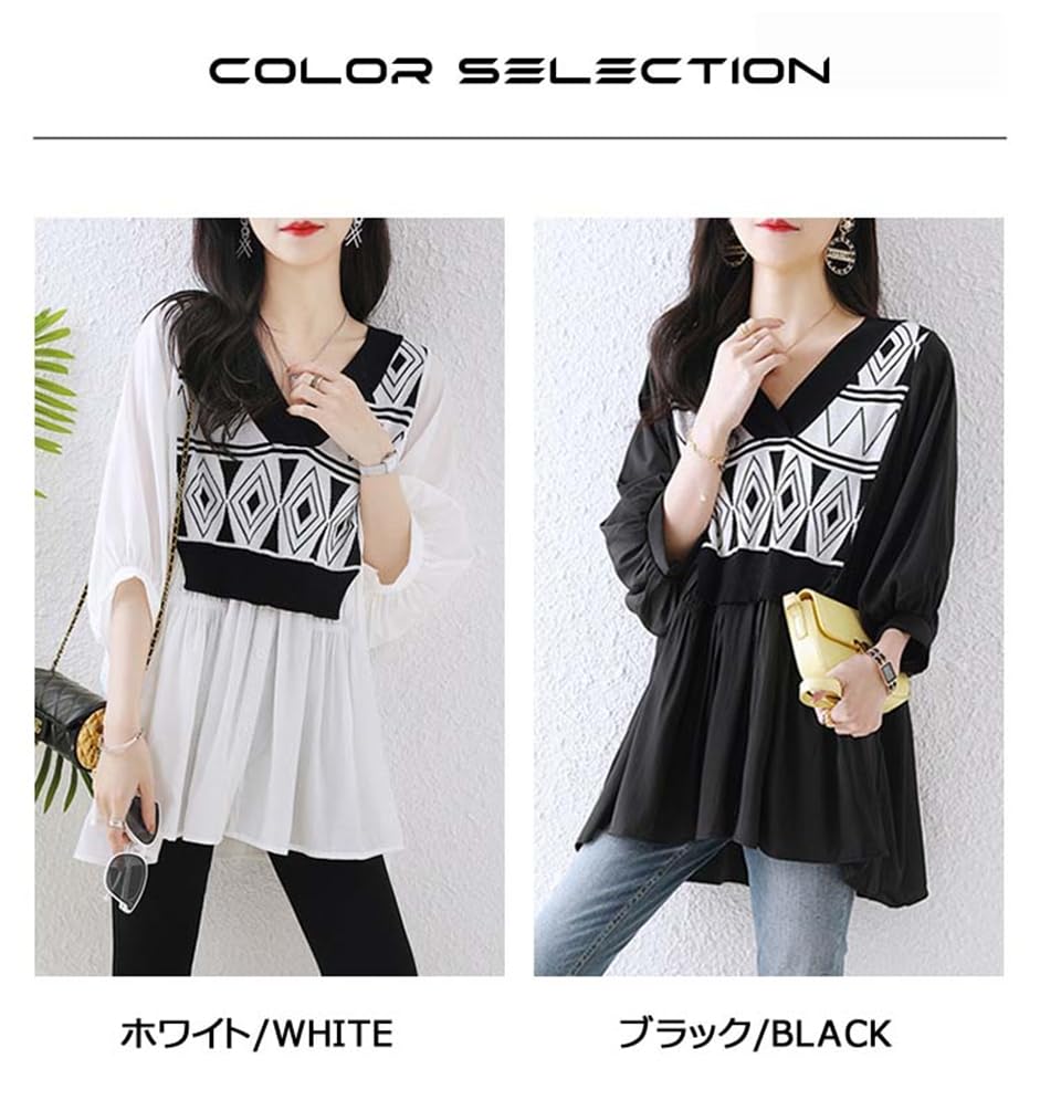 [ZHENGTU] Women's Blouse Top – V-Neck, 3/4 Sleeve, Layered Summer Shirt, White, Size XL