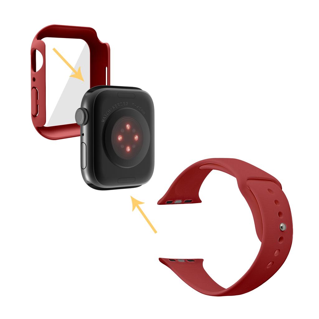 For Apple Watch Series 7 45mm Soft Silicone Watch Band+Hard PC Watch Cover with Tempered Glass Film,Size M/L