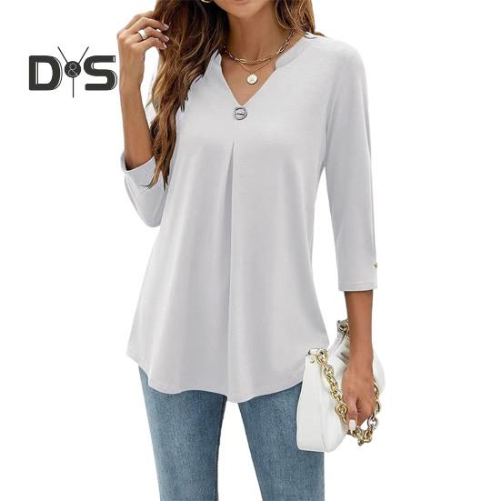 Dámské topy Výstřih do V Knoflíková ozdoba 3/4 rukáv Pulovr Topy Jednobarevné Zmačkané Tričko Ležérní styl Denní nošení