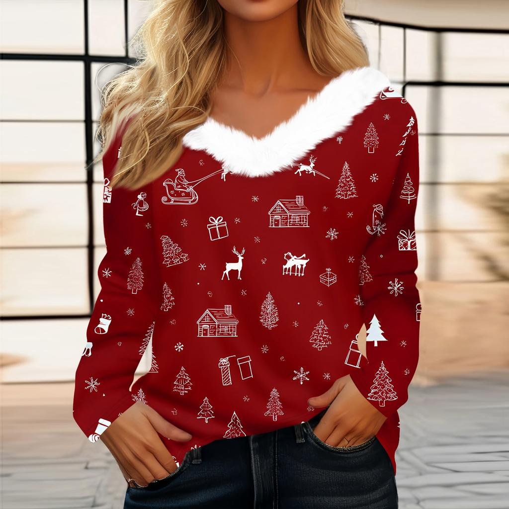 Women's T Shirt Tee Christmas Print Shirt Long Sleeve Party Christmas Fleece Collar V Neck  Top