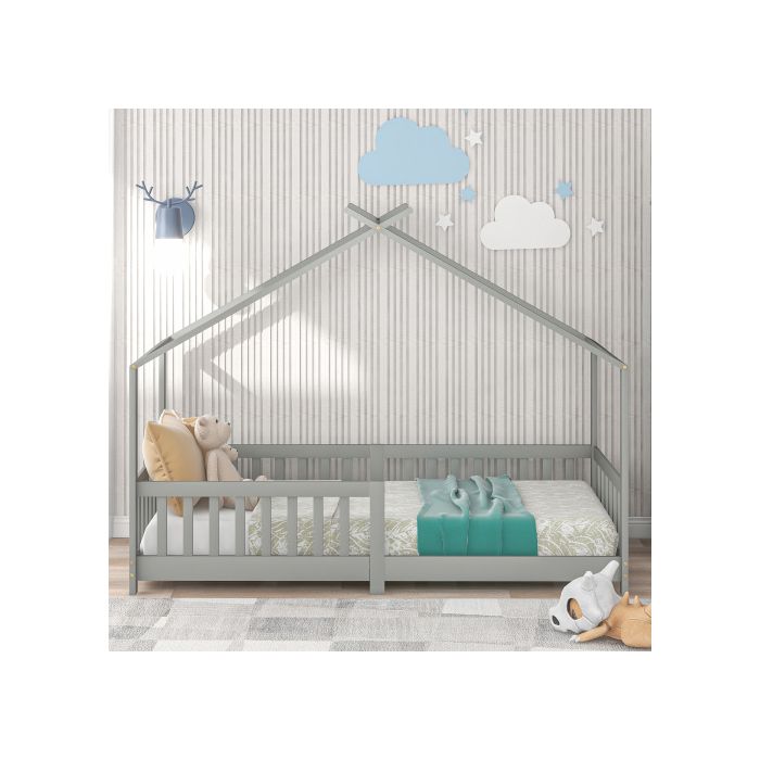 Παιδικό κρεβάτι - MUVOE - 200x90cm - Μασίφ ξύλο - Γκρι - Προστατευτικό κάγκελο
