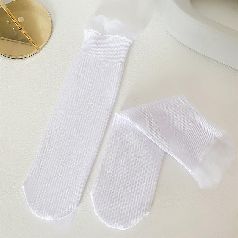 Meias de cano médio de renda de malha coreana para meninas, primavera e verão, finas, estilo japonês doce lolita jk, meias acumuladas