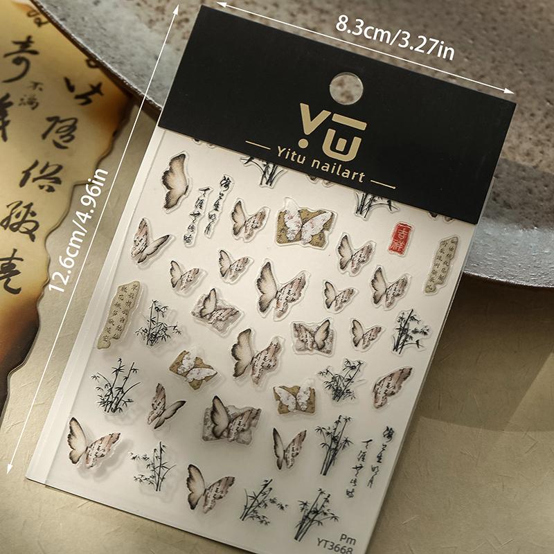 Chinese Style Butterfly Nail Art Sticker Embossed Poetry Ink Bamboo Decals For Nail Art Design Nail Transfer Sliders Diy Decor
