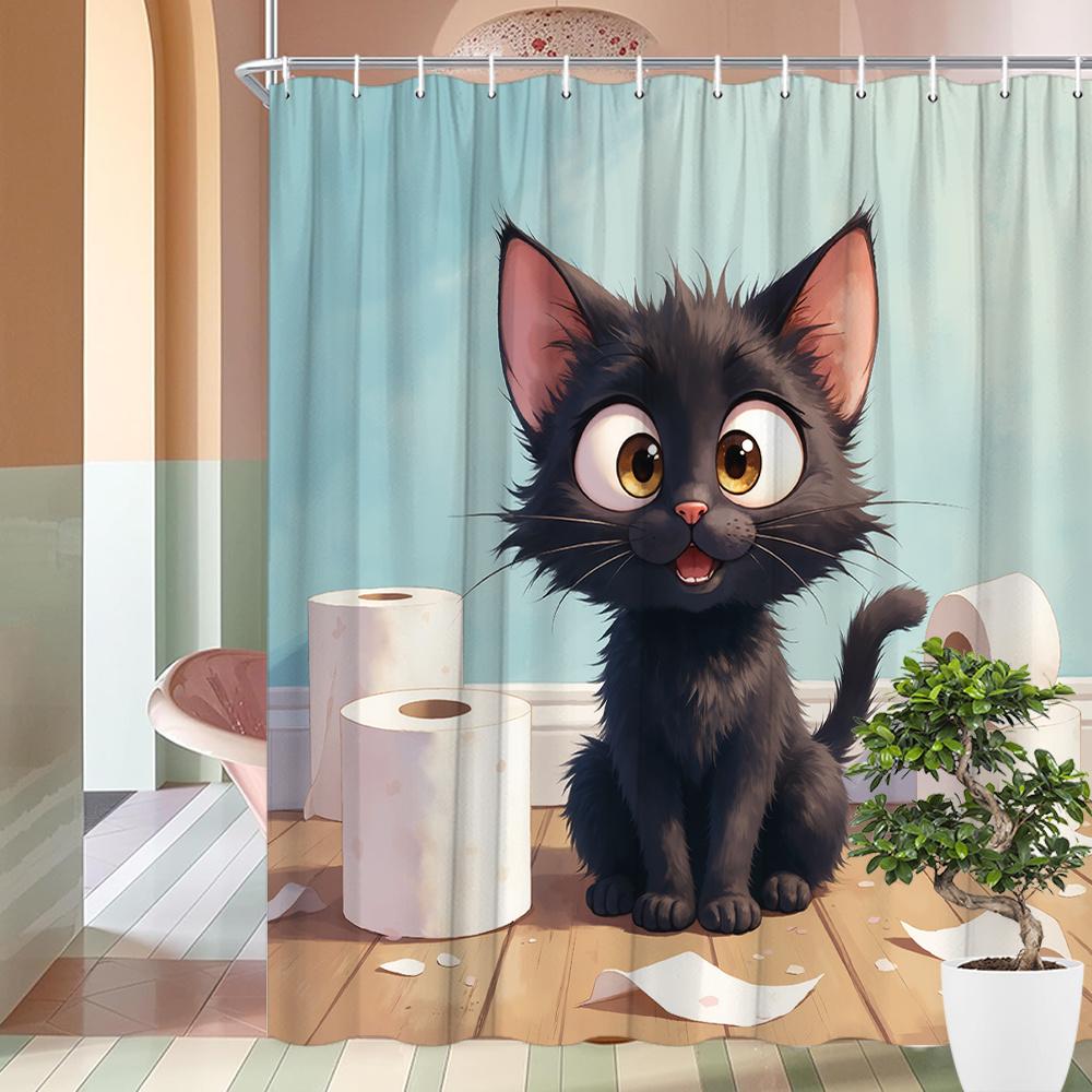 

1 x Игривый Черный Кот Шторка для Душа с Рулоном Туалетной Бумаги - Веселый Мультяшный Дизайн, Светло-Голубой Декор для Ванной, Полиэстеровая Ткань 90X180cm