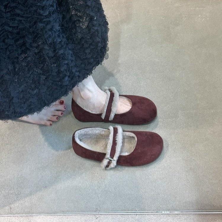 Gentle Evening Breeze Velvet Mary Jane Shoes Women's Doudou Shoes Cotton Shoes 2024 Autumn and Winter Outer Wear Suede Single Shoes Fluffy Shoes