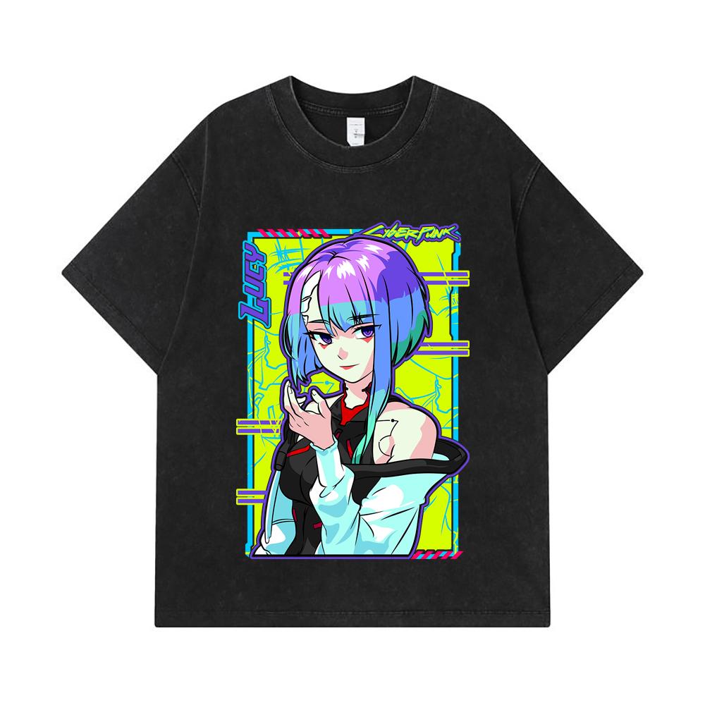 275 GSM Washed T-shirts 100% Cotton Cyberpunk Edgerunners V8 Lucy Print Unisex Heavy Cotton T Shirt