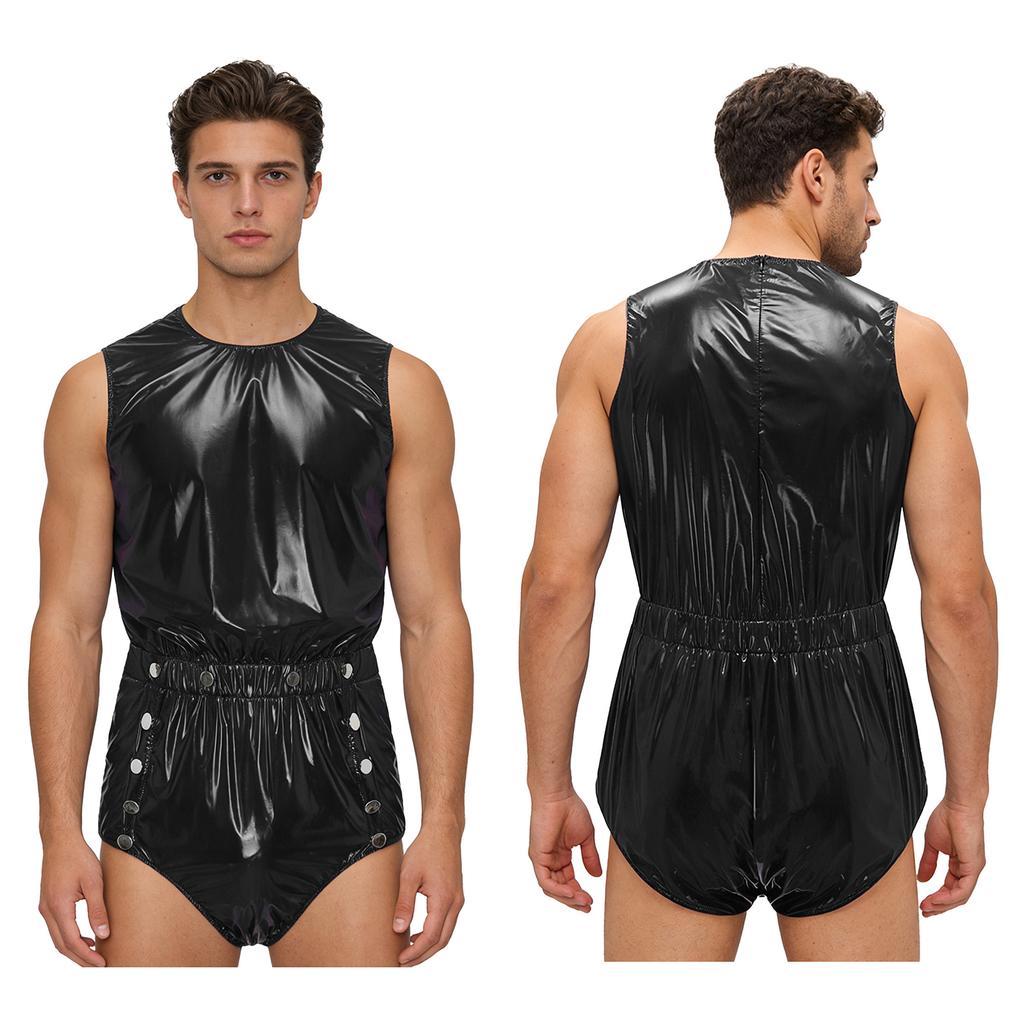 S-3XL Mens Waterproof Bodysuit Openable Crotch with Buttons Sleeveless Back Zipper Elastic Waistband One-piece Romper Jumpsuit for Clubwear Swimming