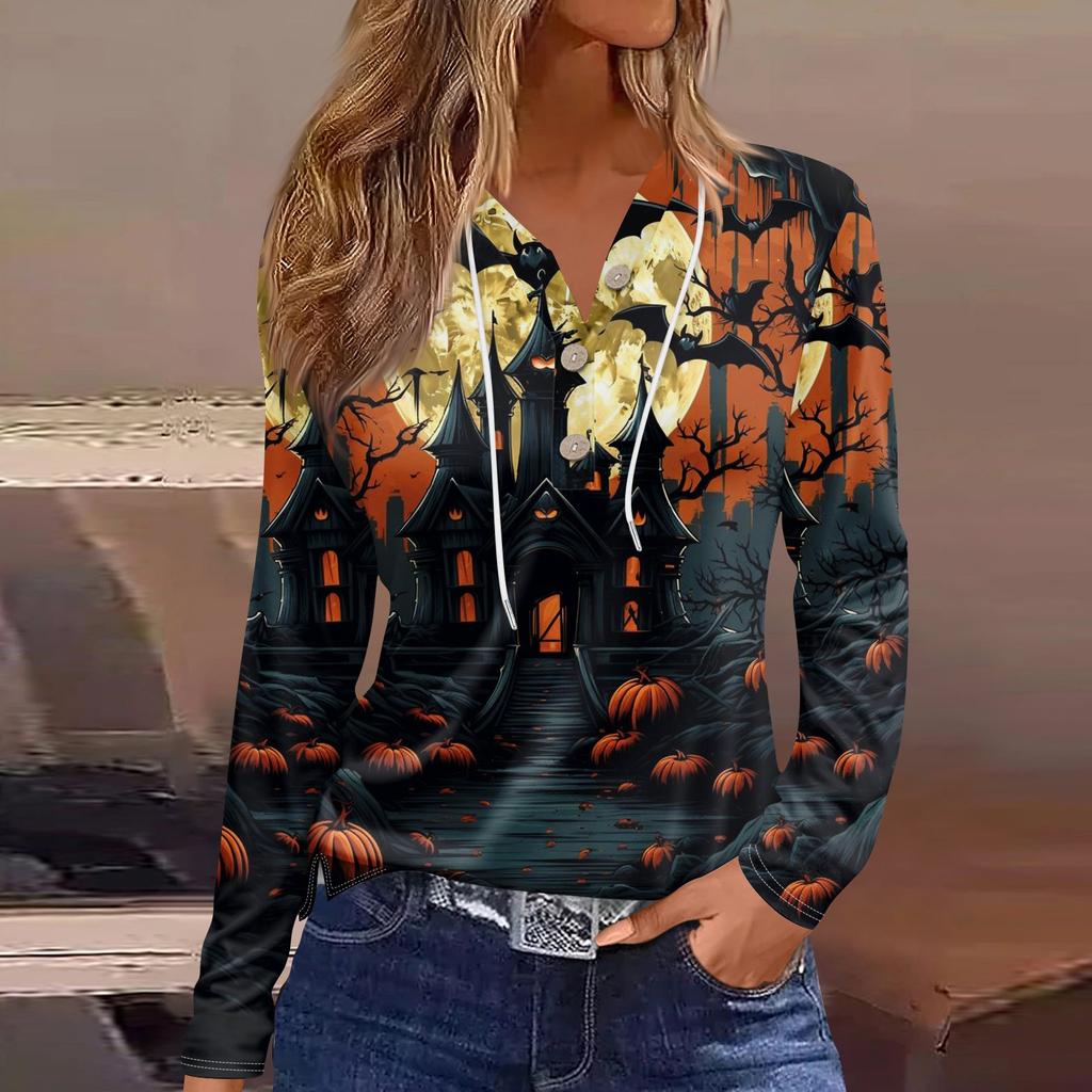 Damemote Uformelt Halloween-trykt hettegenser dekorert med knapp Langermet T-skjorteskjorte