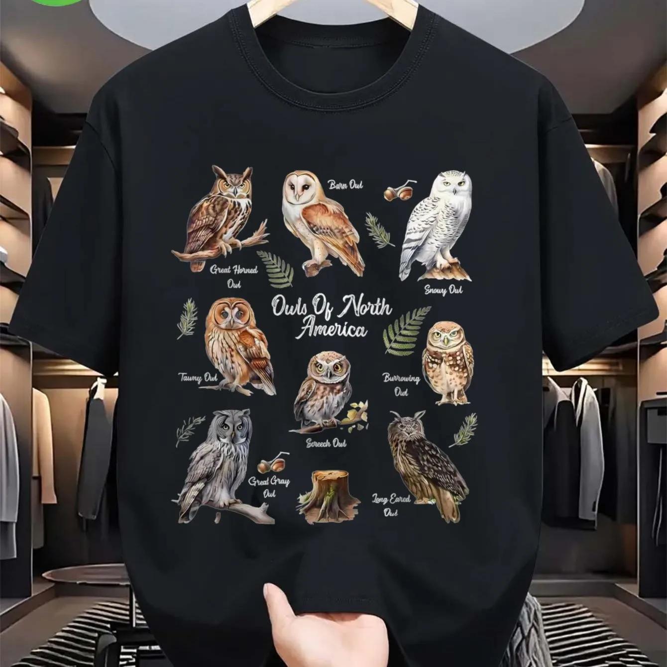 Owls Of North America Graphic Tee Birds of Prey Print Casual Cotton T-Shirt for Nature Lovers S чёрный