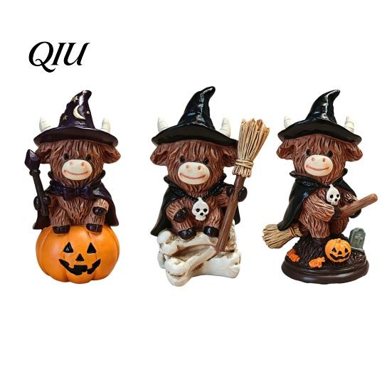 Durable Resin Statue Highland Cow Figurine, Halloween Witch Pumpkin Skull Statue, Scottish Decor Ornament for Calf Lovers, Shelf, Tiered Tray, Mantel,