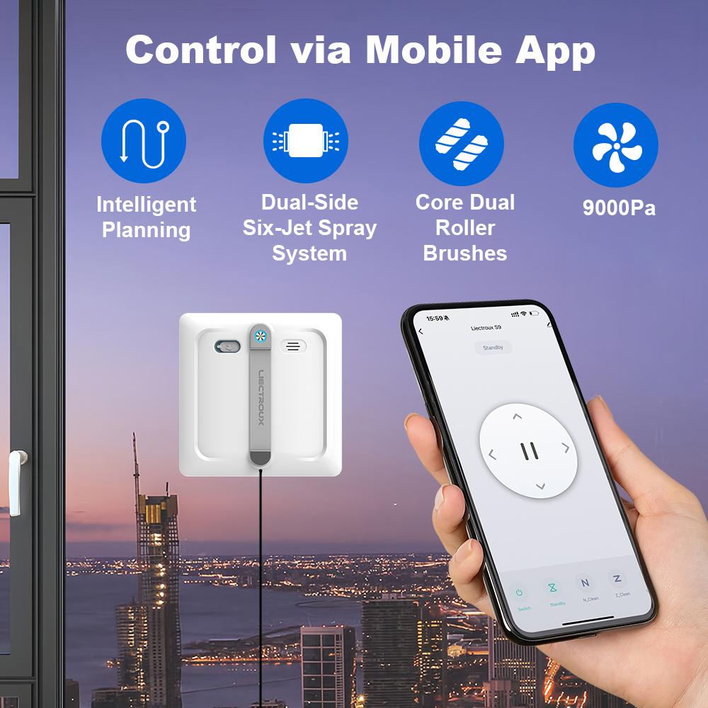 2025 NEW Robot Window cleaner Liectroux S9,Updated Laser, 2 roller brushes,6-way water pump spray,9KPa,app control,voice prompts