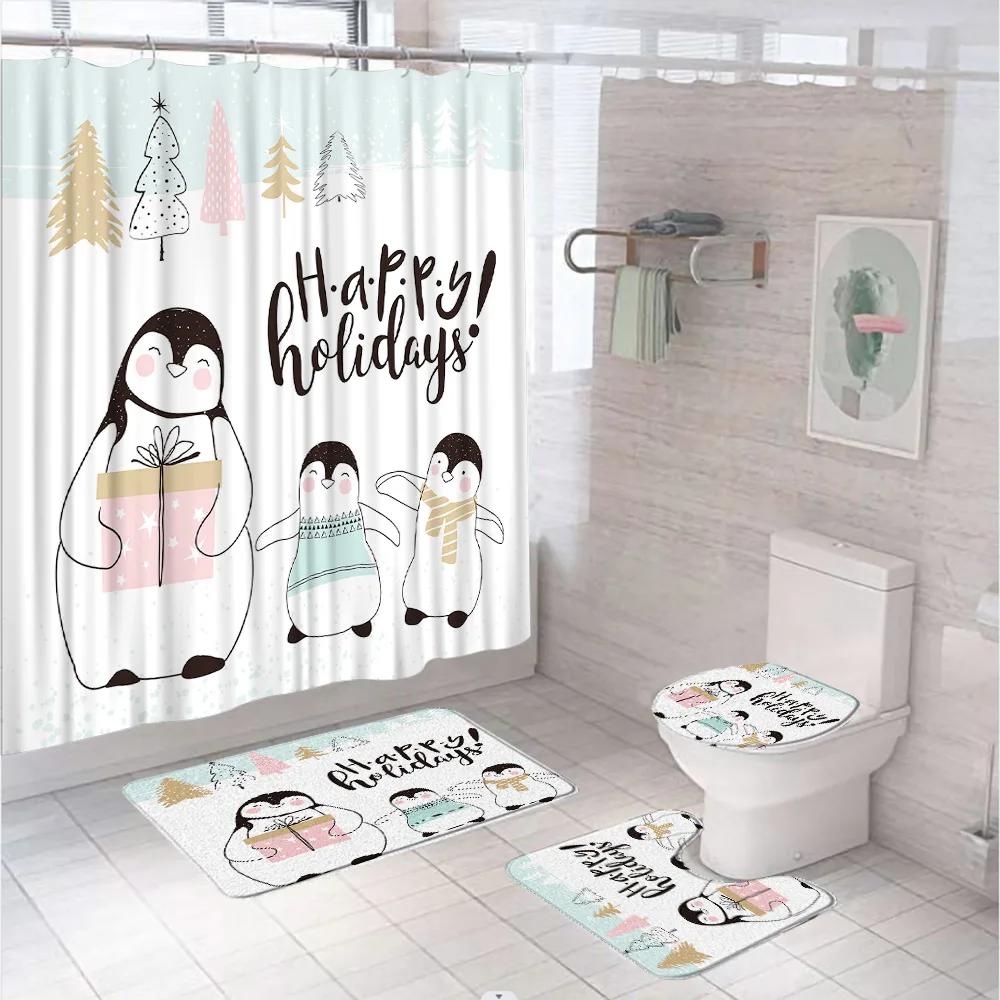 Funny Penguin Shower Curtain Set Animal Antarctic Ice Field Nature Blue Sky Bathroom Curtains Non-Slip Bath Mat Rug Toilet Cover