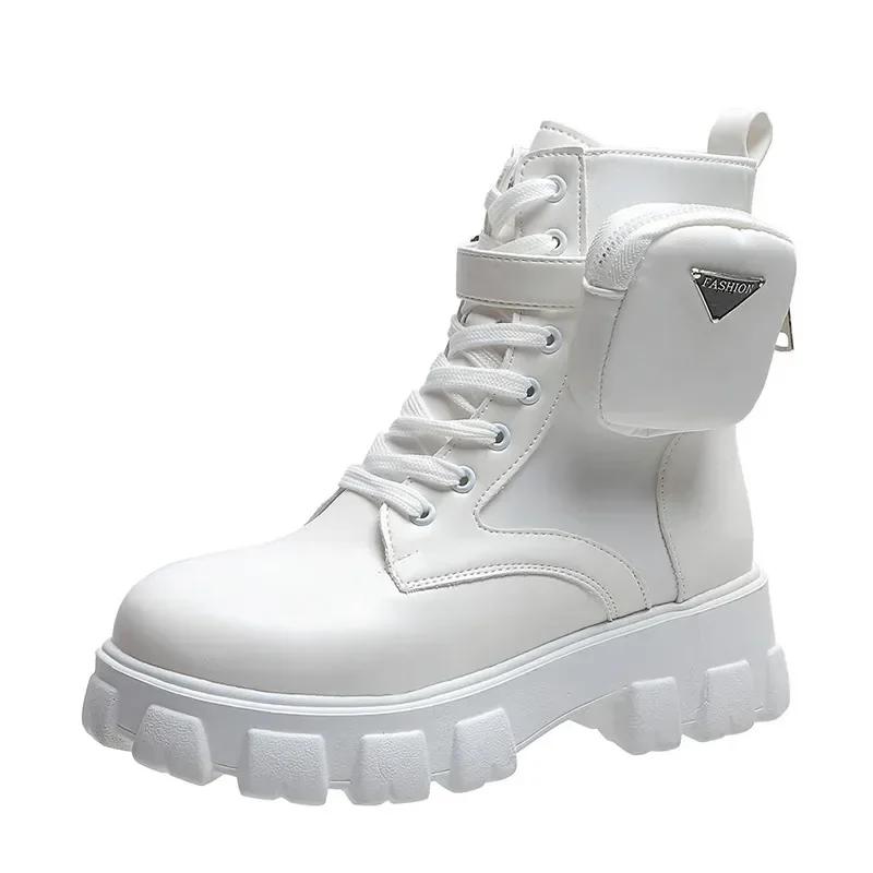 

Модные весенне-осенние сапоги на платформе, новые ботильоны, женские туфли на танкетке со шнуровкой, белые, черные, с круглым носком, однотонные, на низком каблуке 43 белый