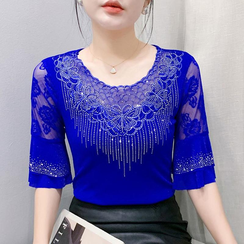 

Элегантная летняя одежда для вечеринок Женская футболка Модная Роскошная Блестящая Цветочная Отделка Бриллиантами Топы Новая Футболка с О-образным вырезом и рукавами-фонариками Приталенная 3XL синий