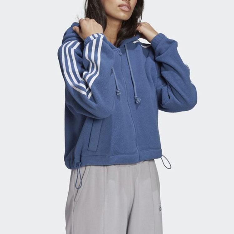 Adidas Originals Casual Sports Fleece Lined Hooded Cropped Coat Women's Blue GN2812