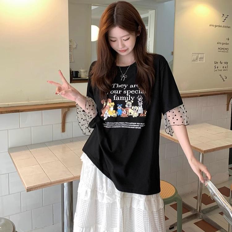 High Quality Pure Cotton Plus Size Tee Shirt Summer Funny Cartoon Print T Shirt Women Clothes Harajuku Oversized Mesh Splicing T-shirt Black Y2k Tops