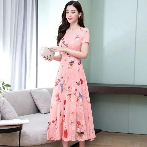 Short-sleeved Printed Ice Silk Dress Temperament 2026 Summer Women's Clothing New Fashion and Thin Floral Medium and Long Dress Age Reduction