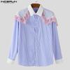 INCERUN Oversized Men Lace Patchwork Lapel Short Sleeve Striped Casual Loose Shirts
