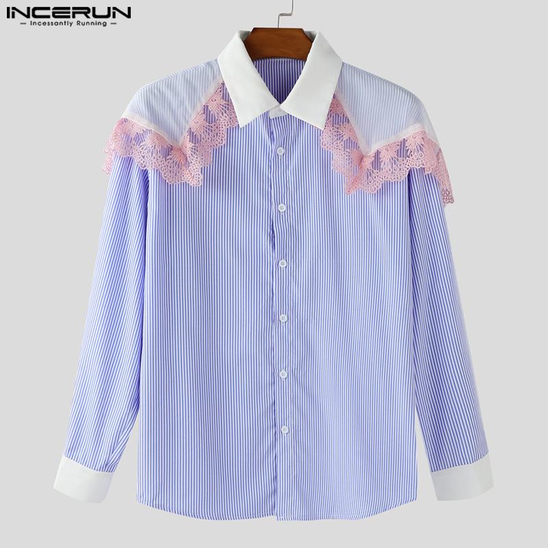 INCERUN Oversized Men Lace Patchwork Lapel Short Sleeve Striped Casual Loose Shirts
