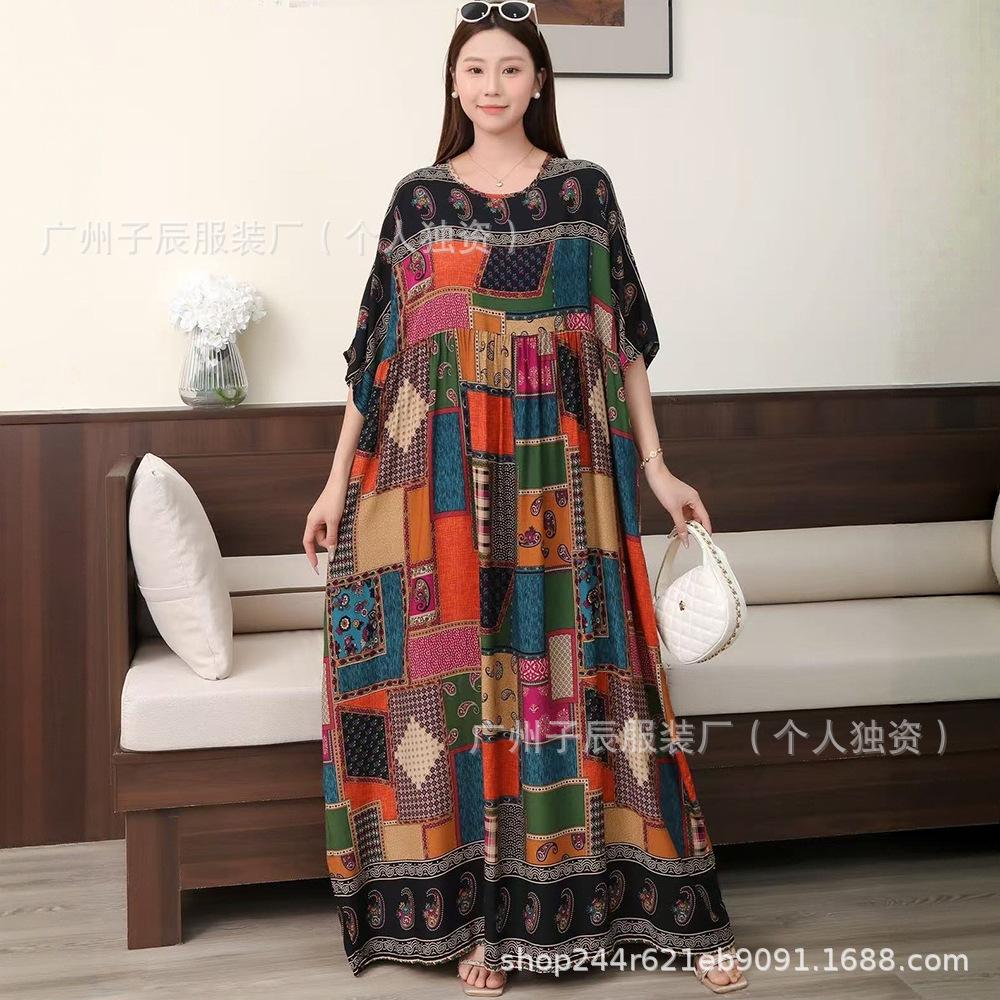 South East Asia 100kg super fat dress fat girl plus short sleeve maternity dress loose floral beach long skirt