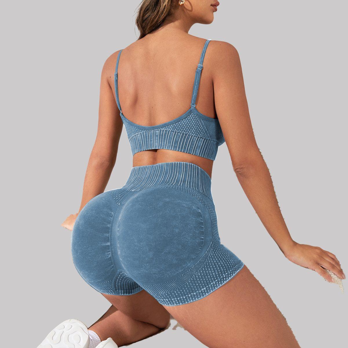 JYL Washed Frosted Yoga Set Hip Lifting Shorts Outfit M алиса синий