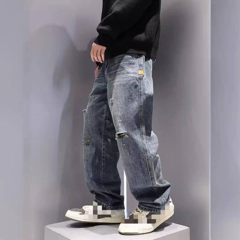 Men's Baggy Ripped Jeans Fashion Hip Hop Hole Streetwear Distressed Washed Trousers Straight Loose American Denim Pants
