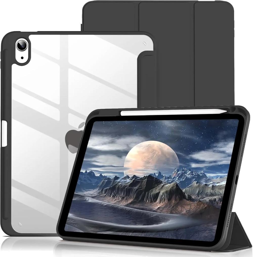 For iPad A16 Case 11th Generation 11inch , iPad 10th 10.9inch Transparent Back Cover Shell Tri-fold Stand with Pen Hold