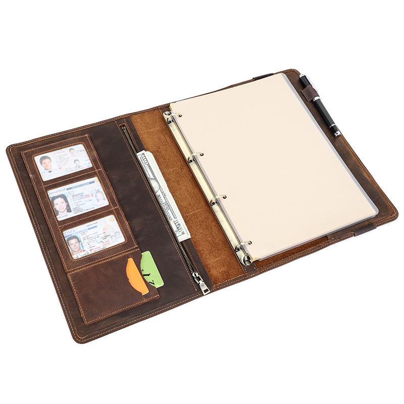 Retro Crazy Horse Echtes Leder A4 Ringordner mit Wechselbaren Seiten - Multifunktionales Business Büro Notizbuch