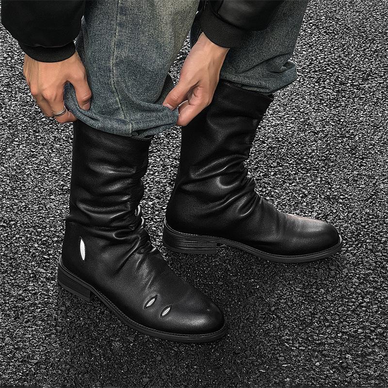 

Новые британские высокие сапоги с острым носком, корейская версия модного тренда, мужские кожаные сапоги, осенние и зимние сапоги 67155-J 46 чёрный