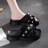 Women Solid Color Pearl Slippers Ladies Middle Heel Anti-slip Soft-sole Comfortable Thick Bottom Beach Sandals Footwears