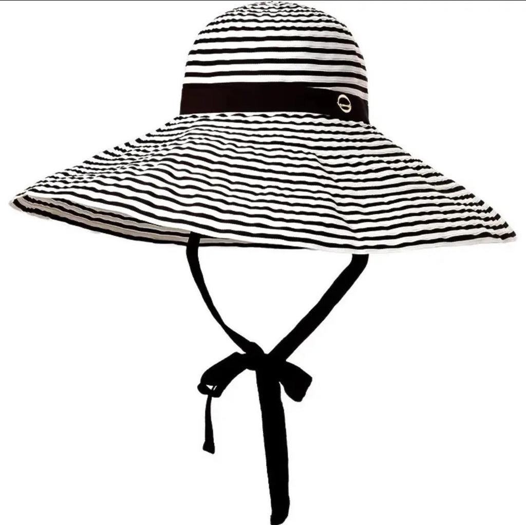 Women's Hepburn Style Wide Brim Striped Sun Hat for Summer Travel & Neck Protection
