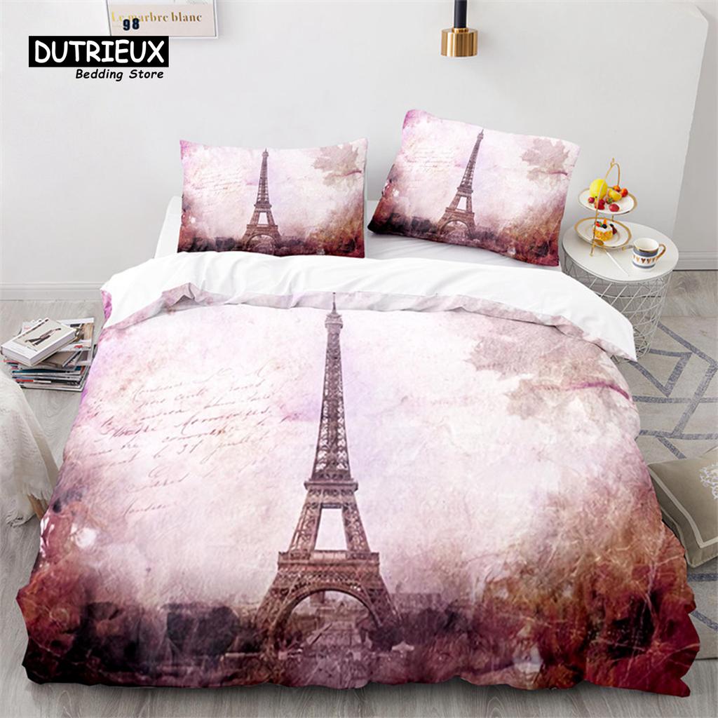 Eiffel Tower Duvet Cover Microfiber Paris Cityscape In The Clouds Bedding Set King Size For Kids Adults Romantic Comforter Cover