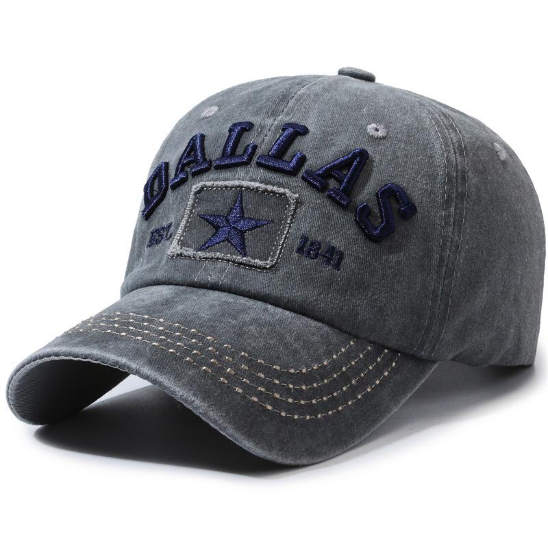 Vintage Washed Denim 6 Panel Star Frayed Patch Embroidery Curved Brim Adjustable Casual Baseball Cap