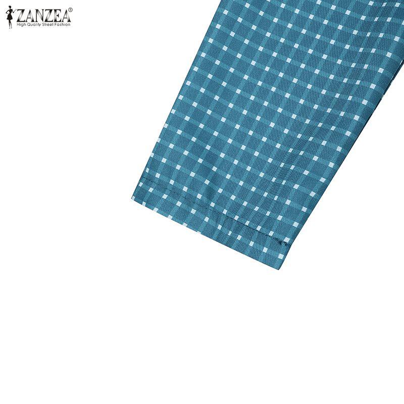 ZANZEA Women Casual Turn Down Collar Long Sleeve Grid Print A-Line Dress