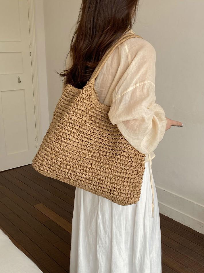 2026 Lazy Style Large Straw Woven Tote Bag for Beach Vacations