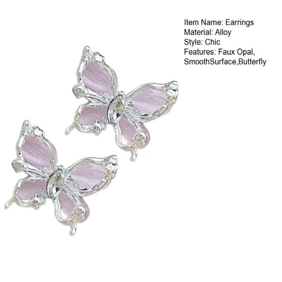 1 Pair Women Stud Earrings Double-layered 3D Butterfly Faux Opal Polished Anti-slip Ear Studs Prom Dating Party Ear Jewelry