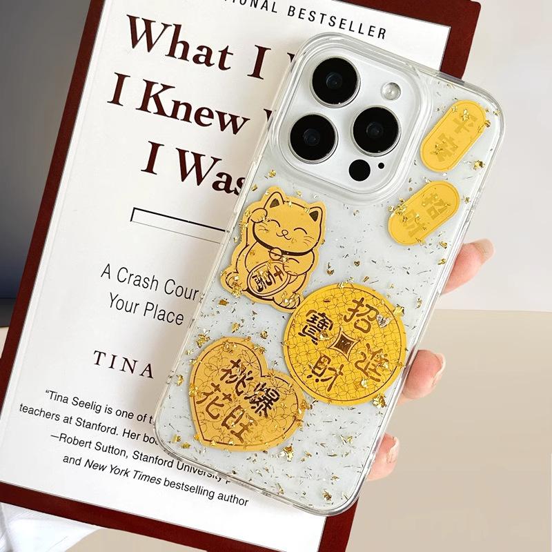 Transparent Epoxy Gold Foil Fortune Text Suitable for iPhone17 Apple 15ProMax/14/13 Mobile Phone Case Niche