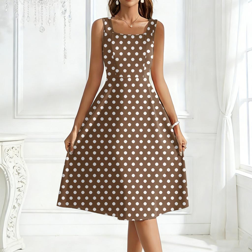 Women's Square-Neck Sleeveless Polka Dot Maxi Dress