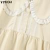 VONDA Women Casual Doll Collar Lace Patchwork Long Sleeve Dresses